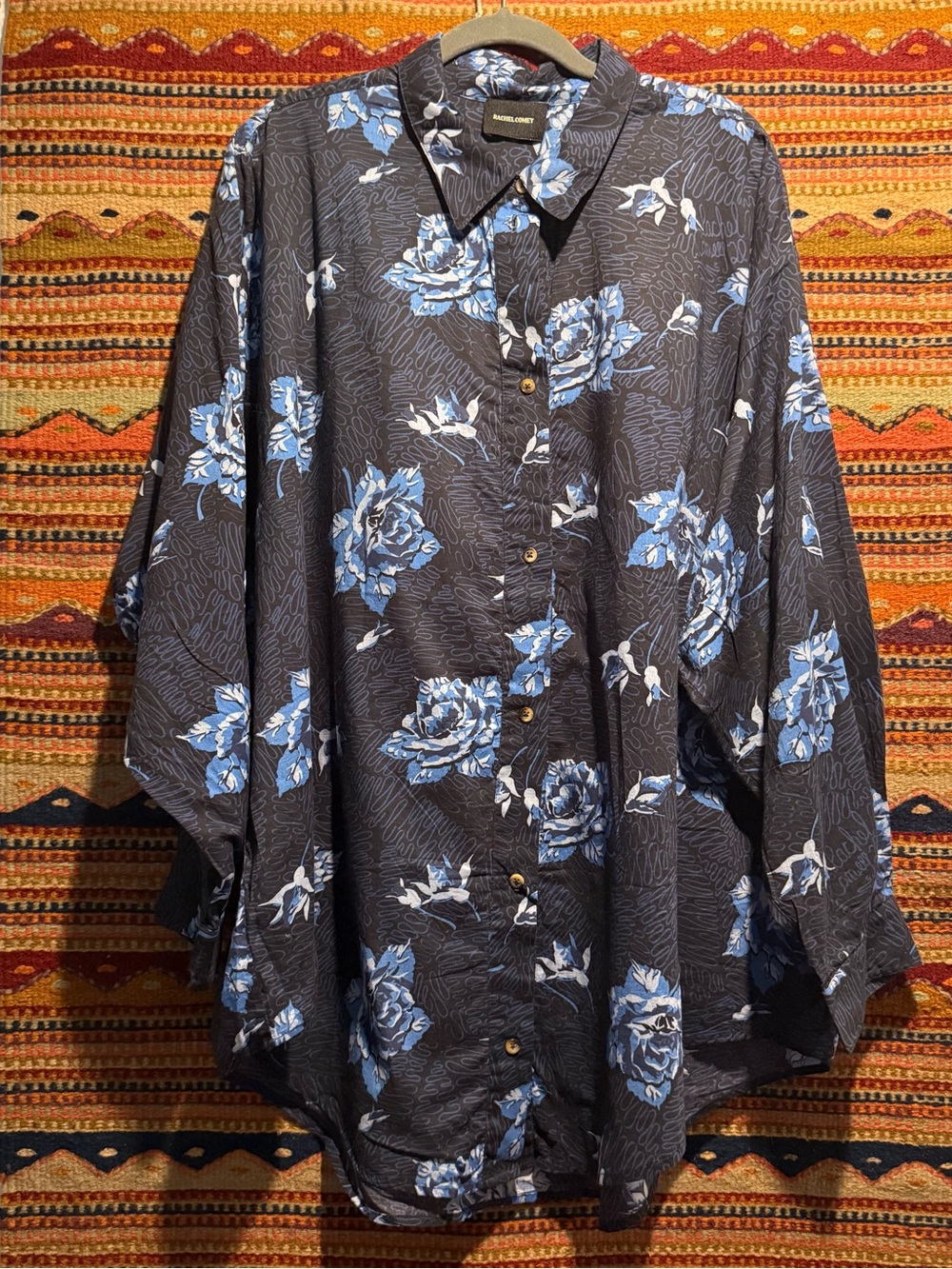 Rachel Comey Isa Button-Down Shirt in Navy Squiggle Rose - Picture 7 of 10